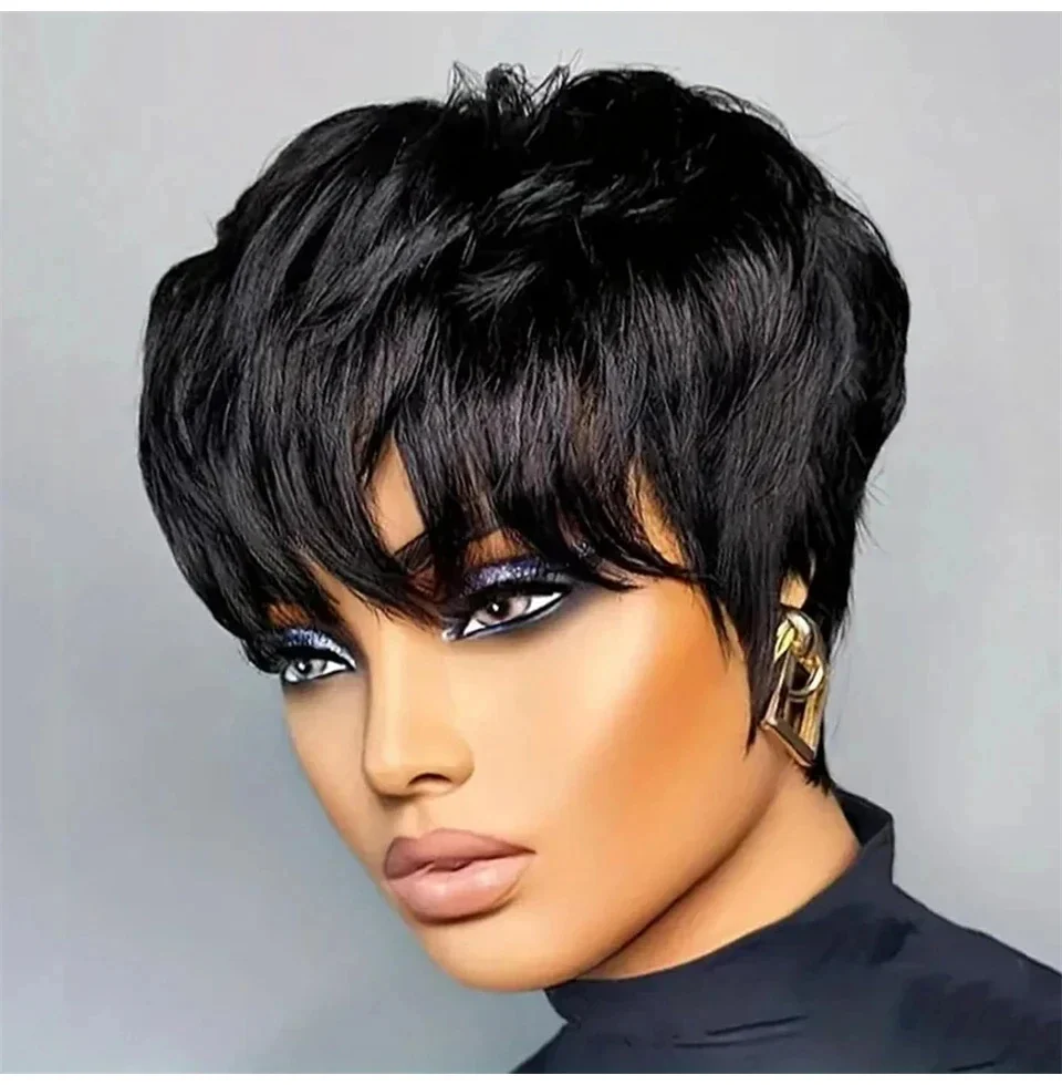 Human hair wigs pixie cut wig real human hair machine made (2)