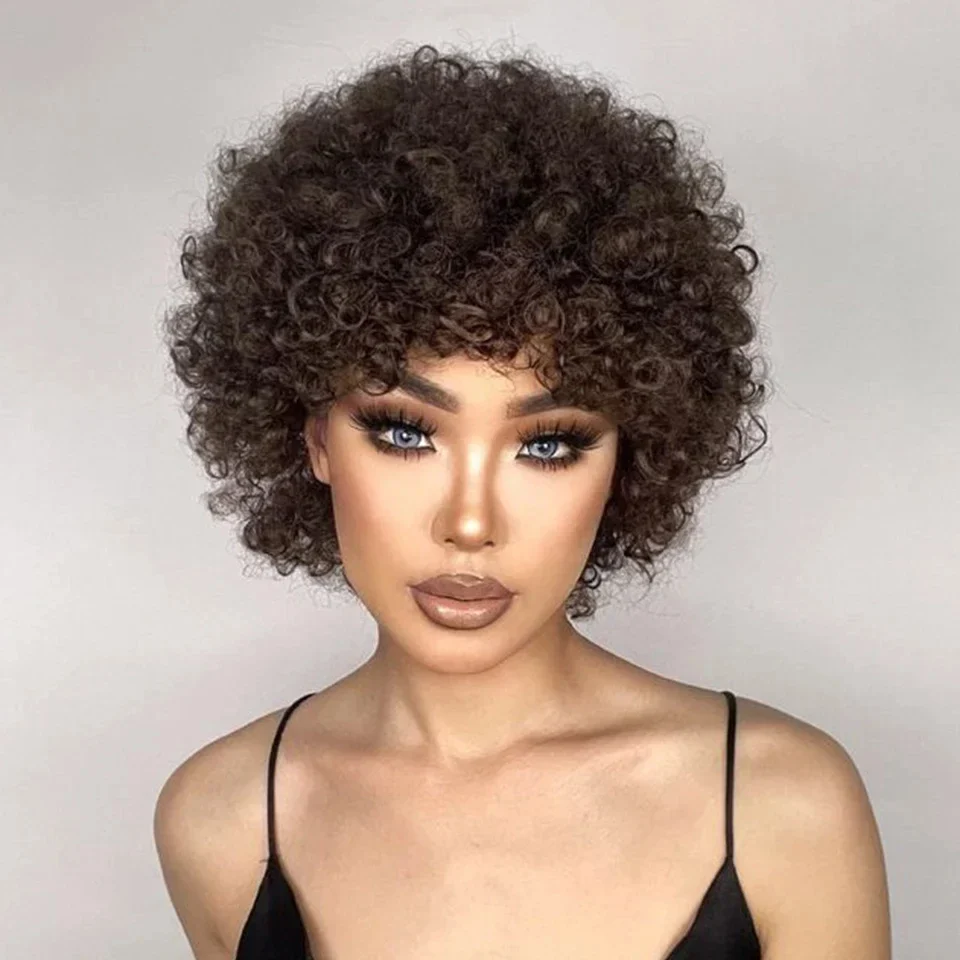 Short pixie afro kinky curly wigs for black women glueless natural brown bob wig with ba (38)