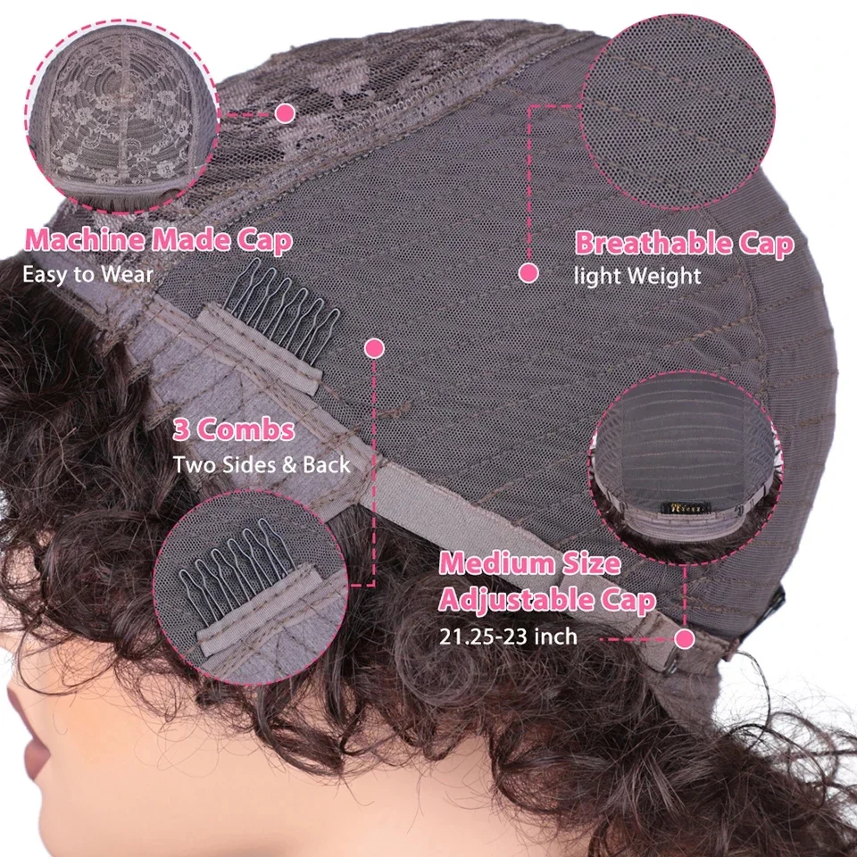 Short pixie afro kinky curly wigs for black women glueless natural brown bob wig with ba