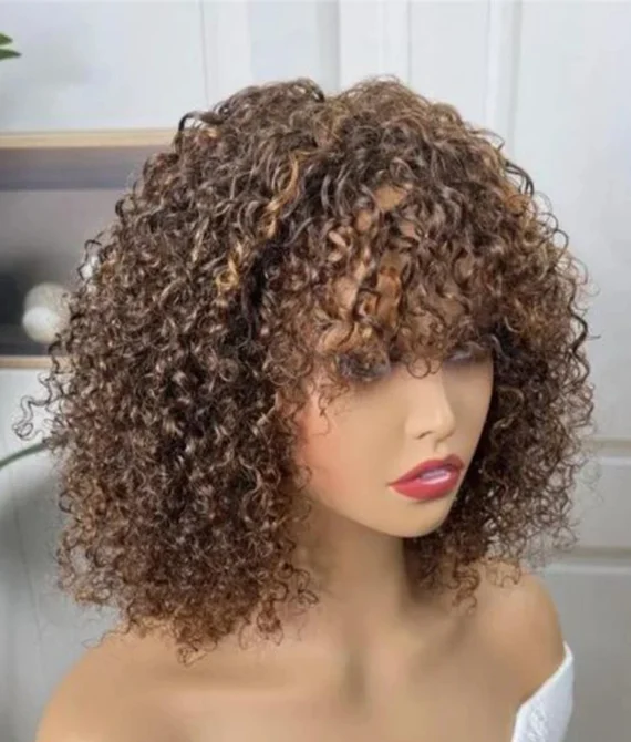 Jerry Curly Wig with Bangs – 16 Inches | Honey Blonde Highlight
