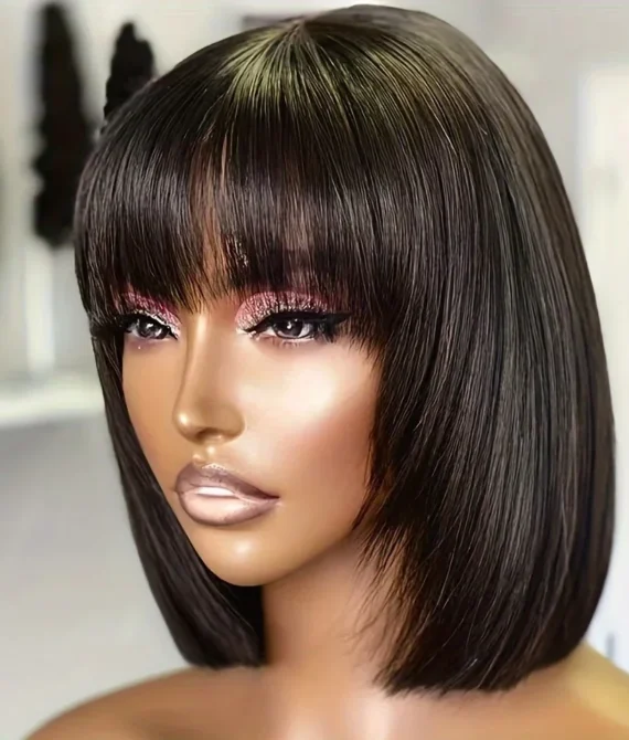 Straight Short Bob Wig with Bangs – 100% Raw Human Hair | Glueless